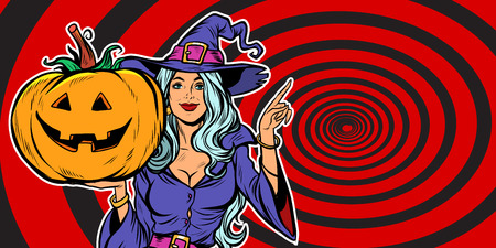 witch with Halloween pumpkin. Announce Party. Pop art retro vector illustration vintage kitschの写真素材