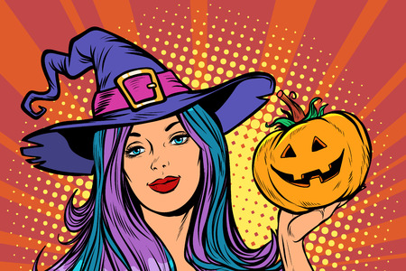 happy Halloween witch with pumpkin. Pop art retro vector illustration vintage kitschの写真素材