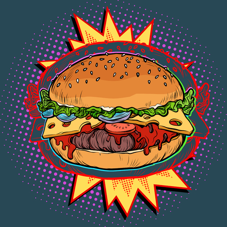 hot Burger on fire, fast food restaurant. Pop art retro vector illustration vintage kitschの素材 [FY310108436922]