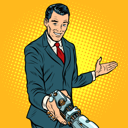 businessman shaking hands with robot, new technologyのイラスト素材