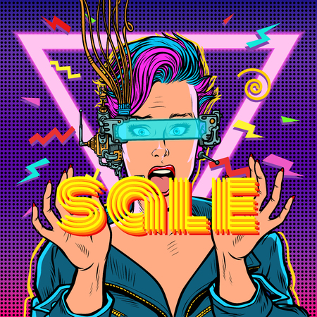 sale. online shopping. surprised woman in virtual reality. Pop art retro vector illustration vintage kitschのイラスト素材