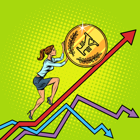 woman businesswoman roll a yen coin up. Pop art retro vector illustration vintage kitschのイラスト素材