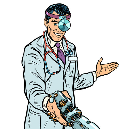 doctor surgeon handshake. robot prosthesis. Pop art retro vector illustration kitsch vintageのイラスト素材