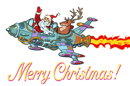 Merry Christmas. Santa Claus with a deer flying on a rocket. Pop art retro vector illustration vintage kitsch. Isolate on white backgroundのイラスト素材