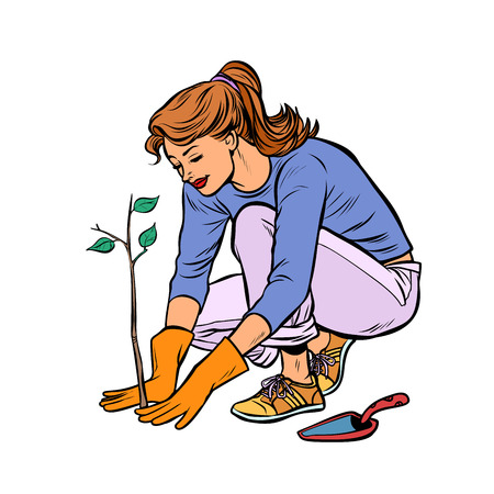 woman working in the garden, planting a seedling. Pop art retro vector illustration vintage kitschのイラスト素材