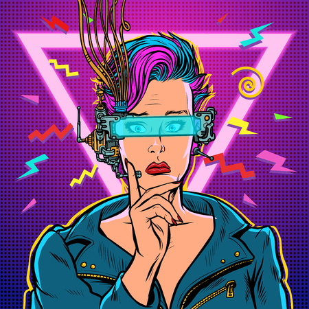 thinker vr glasses woman gamer virtual reality online. 80s girl. Pop art retro vector illustration kitsch vintage. 80s girl womanのイラスト素材