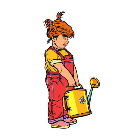 little girl with a garden watering can. Pop art retro vector illustration vintage kitschのイラスト素材