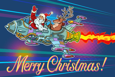 Merry Christmas. Santa Claus with a deer flying on a rocket. Pop art retro vector illustration vintage kitschのイラスト素材