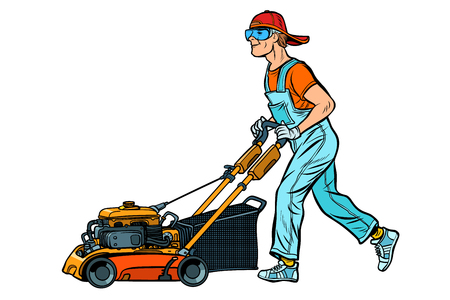 lawn mower worker. Profession and service. Isolate on white background. Pop art retro vector illustration vintage kitschのイラスト素材