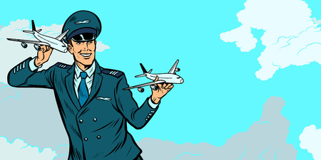 male airplane pilot. Model aircraft in hand. Pop art retro vector illustration kitsch vintageのイラスト素材