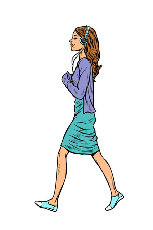 woman in headphones goes. Pop art retro vector illustration vintage kitschのイラスト素材