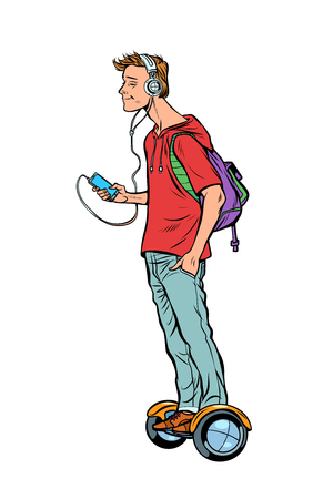 scooter gyro. young man teenager, headphones and smartphone. Pop art retro vector illustration vintage kitschのイラスト素材