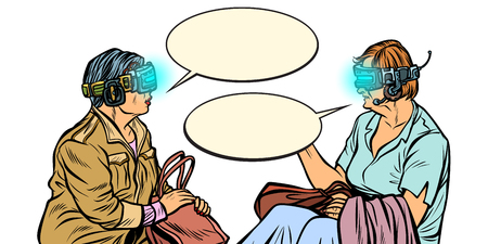 Two girlfriends. Older women in virtual reality, VR glasses. Pop art retro vector illustration vintage kitschのイラスト素材