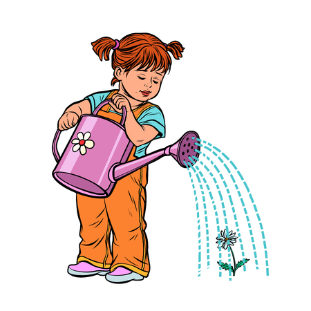 Girl watering can watering a flower. Isolate on white background. Pop art retro vector illustration kitsch vintageのイラスト素材