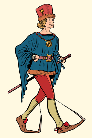 Poulaines worn, medieval man 15th century. Pop art retro vector illustration vintage kitschのイラスト素材