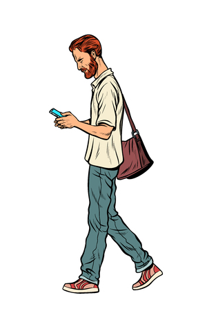Bearded male pedestrian looks at a mobile phone. Modern man. Pop art retro vector illustration vintage kitschのイラスト素材