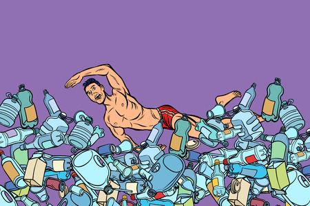 swimmer at plastic waste. ocean pollution ecology. Pop art retro vector illustration kitsch vintageのイラスト素材