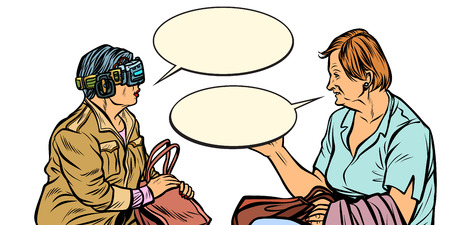 Conversation. Older women in virtual reality, VR glasses. Pop art retro vector illustration vintage kitschのイラスト素材