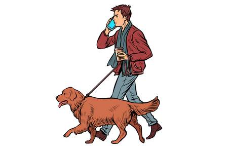 man walks with a dog, golden retriever. Pop art retro vector illustration kitsch vintageのイラスト素材