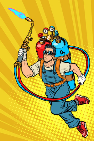welder professional worker. superhero with gas cylinders. Pop art retro vector illustration kitsch vintageのイラスト素材
