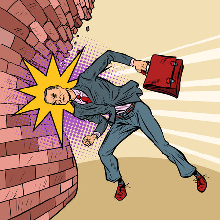 businessman breaks the wall with his head. Pop art retro vector illustration vintage kitschのイラスト素材