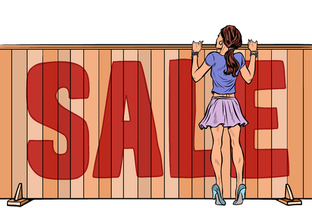 woman looks over the fence. sale house real estate. Pop art retro vector illustration vintage kitschのイラスト素材