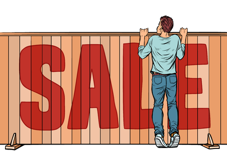 a man looks over the fence. sale house real estate. Pop art retro vector illustration vintage kitschの素材 [FY310125973938]