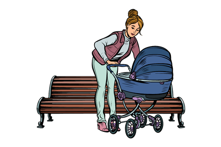 young mother with a baby carriage, park bench. Pop art retro vector illustration kitsch vintageのイラスト素材