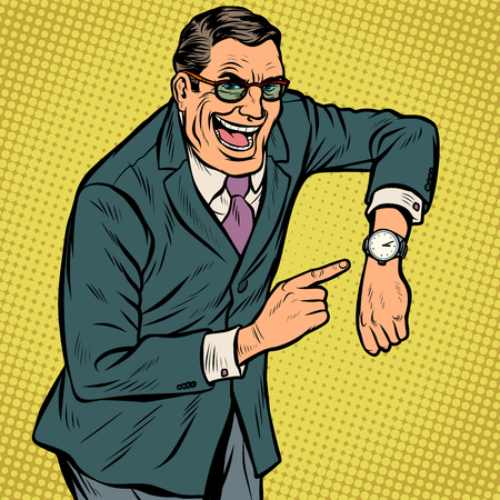 happy face late points to watch. Pop art retro vector illustration kitsch vintageのイラスト素材