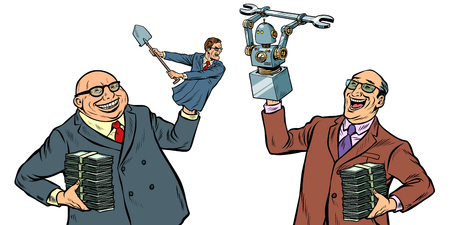 People against robots war for the workplace. Manipulation of politicians isolate on white background. Pop art retro vector illustration kitsch vintageのイラスト素材