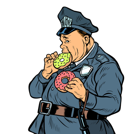 cop eats donut. isolate on white background. Pop art retro vector illustration kitsch vintageのイラスト素材