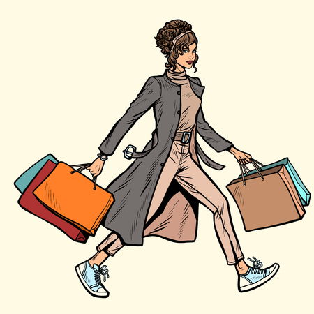modern woman with shopping bags. Pop art retro vector illustration vintage kitschのイラスト素材