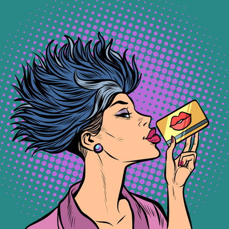 woman Bank card kiss. Pop art retro vector illustration vintage kitschのイラスト素材