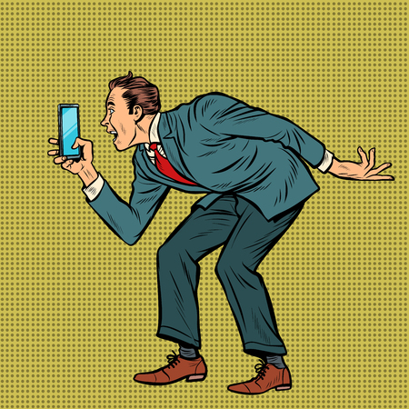 man funny photographs smartphone. Pop art retro vector illustration vintage kitschのイラスト素材