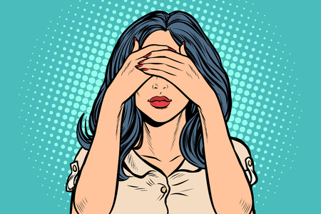 woman covered her eyes. Pop art retro vector illustration vintage kitschのイラスト素材