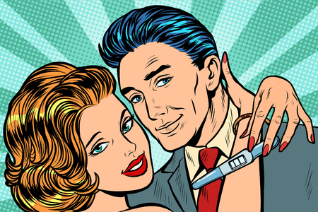 couple in love hug pregnancy test. Pop art retro vector illustration vintage kitschのイラスト素材