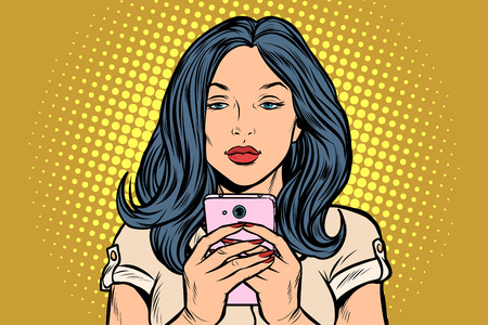 woman looking at smartphone. Pop art retro vector illustration vintage kitschのイラスト素材