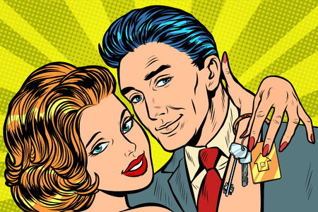 couple in love, house keys gift. Pop art retro vector illustration vintage kitschのイラスト素材