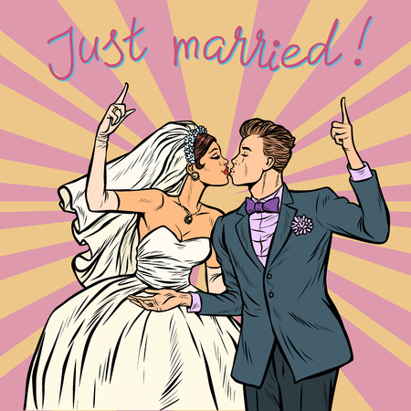 bride and groom, wedding couple just married. Pop art retro vector illustration vintage kitsch 50s 60sのイラスト素材