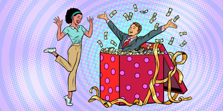 businessman husband lots of money holiday gift box. African woman funny reaction joy. Pop art retro vector illustration vintage kitsch 50s 60sのイラスト素材