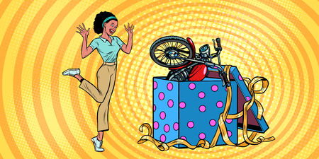 motorcycle holiday gift box. African woman funny reaction joy. Pop art retro vector illustration vintage kitsch 50s 60sのイラスト素材