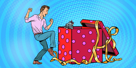 Man and dog puppy as a gift holiday box, funny reaction joy. Pop art retro vector illustration vintage kitsch 50s 60sのイラスト素材
