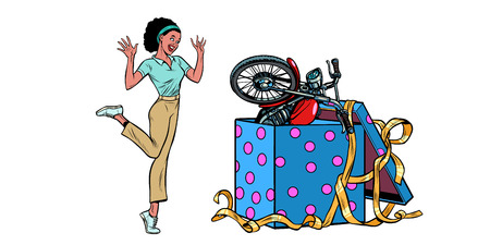 motorcycle holiday gift box. African woman funny reaction joy. isolate on white background. Pop art retro vector illustration vintage kitsch 50s 60sのイラスト素材
