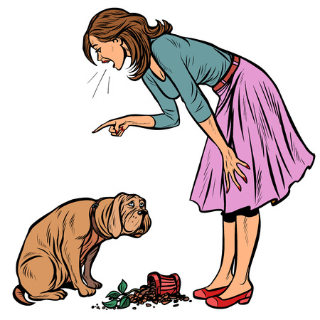 Woman scolds guilty dog. Broken pot with flower isolate on white backgroundのイラスト素材