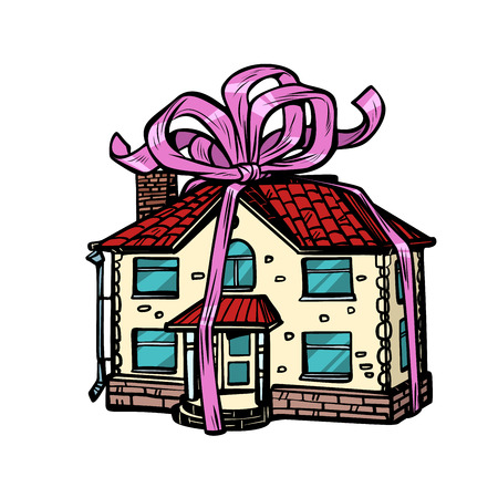 house gift, real estate. in the festive tape. isolate on white background. Pop art retro vector illustration drawing kitsch vintageのイラスト素材