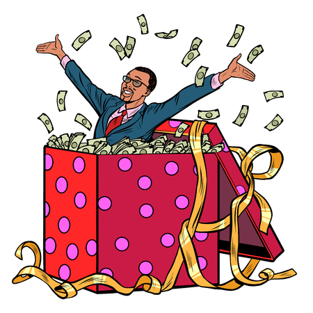 gift. African businessman with money. Pop art retro vector illustration kitsch vintageのイラスト素材