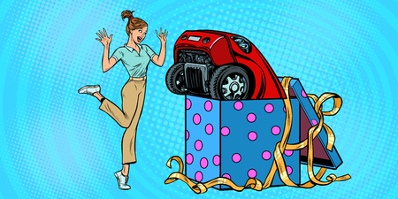 woman surprise car gift. Pop art retro vector illustration kitsch vintageのイラスト素材
