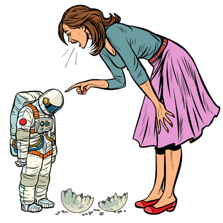 Woman scolds astronaut. The guilty destroyed moon. isolate on white background Pop art retro vector illustration vintage kitschのイラスト素材