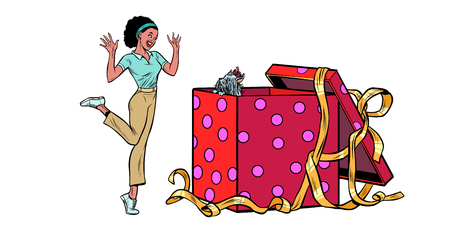dog puppy holiday gift box. African woman funny reaction joy. isolate on white background Pop art retro vector illustration vintage kitsch 50s 60sのイラスト素材