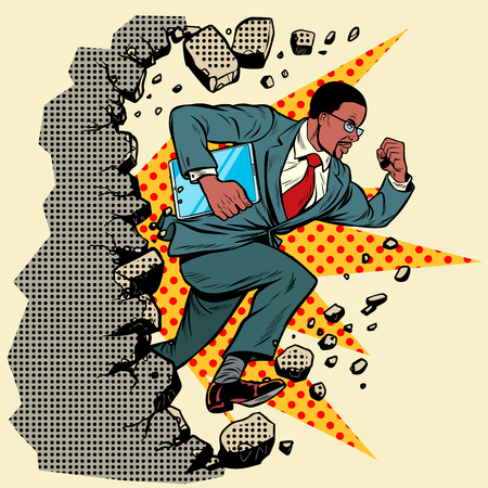 african Leader gadget novation breaks a wall, destroys stereotypes. Moving forward, personal development. Pop art retro vector illustration vintage kitschのイラスト素材